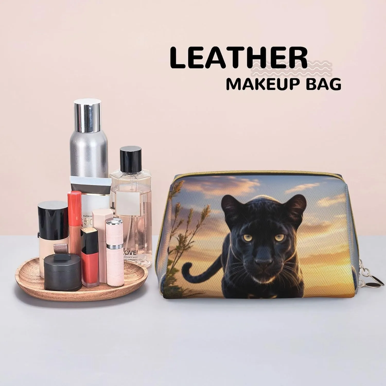 Animal Panther Printed Small Makeup Bag,Travel Cosmetic Bag Purse with Zipper,Water-resistant Makeup Organizer Bag for Women