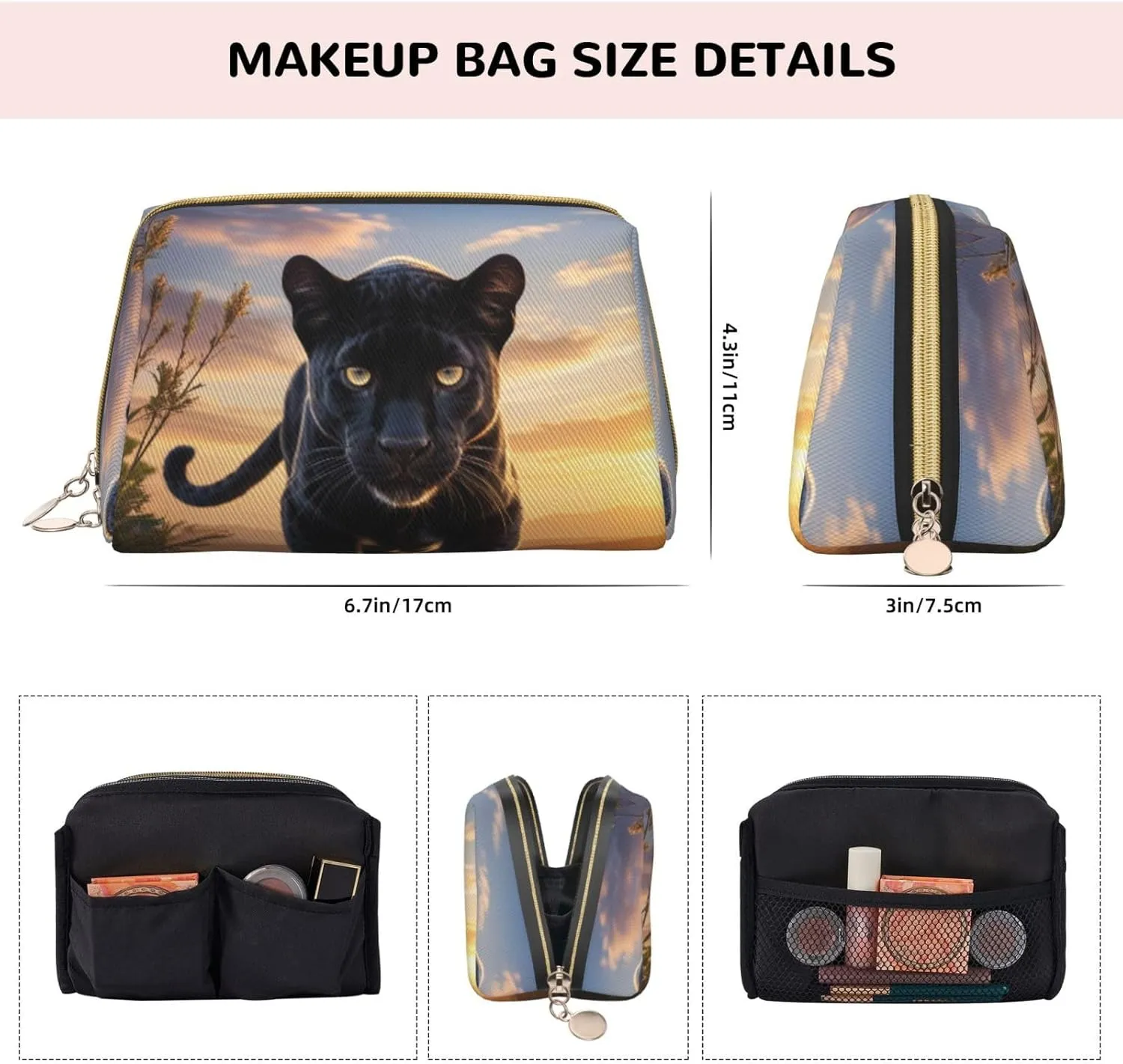 Animal Panther Printed Small Makeup Bag,Travel Cosmetic Bag Purse with Zipper,Water-resistant Makeup Organizer Bag for Women
