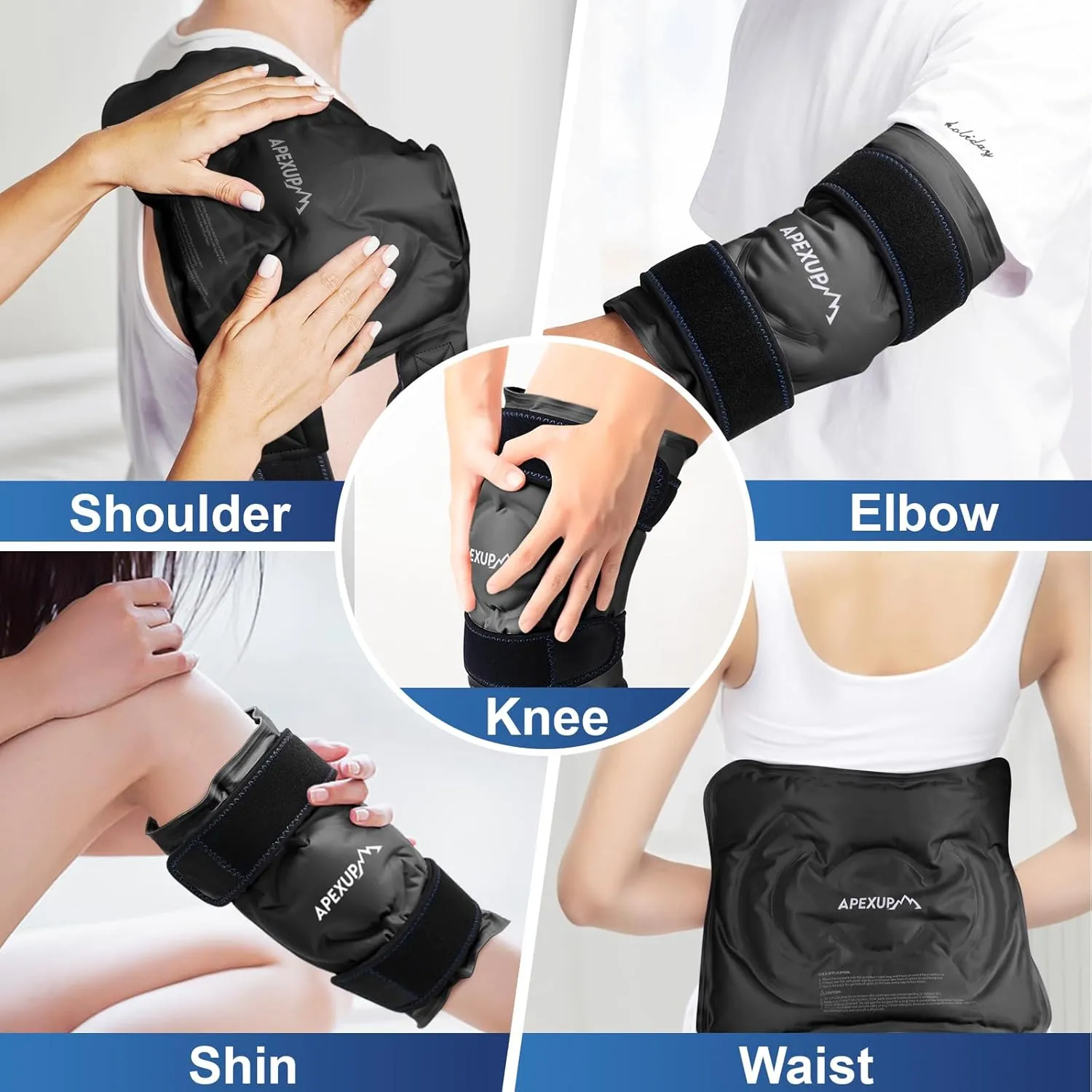 APEXUP Ice Pack for Knee Pain Relief, Large Reusable Wrap After Surgery, Flexible Gel Cold Pack for Injuries, Pain Relief for Back, Shoulder, Elbow, Ankle and Leg (Black, L, 1PK)