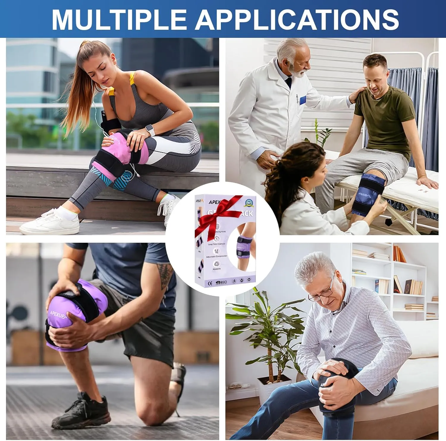 APEXUP Ice Pack for Knee Pain Relief, Large Reusable Wrap After Surgery, Flexible Gel Cold Pack for Injuries, Pain Relief for Back, Shoulder, Elbow, Ankle and Leg (Black, L, 1PK)