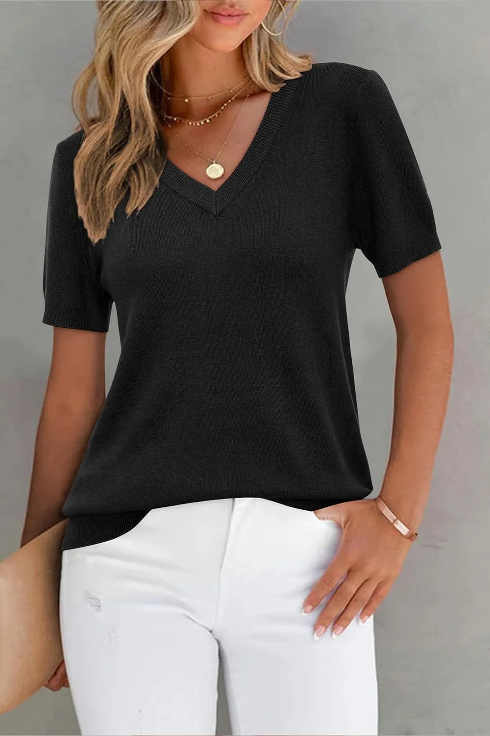 Arach&Cloz 2025 Womens Wool Blend Tops Soft V Neck Short Sleeve Summer Fashion Sweater Pullover Business Casual Outfits