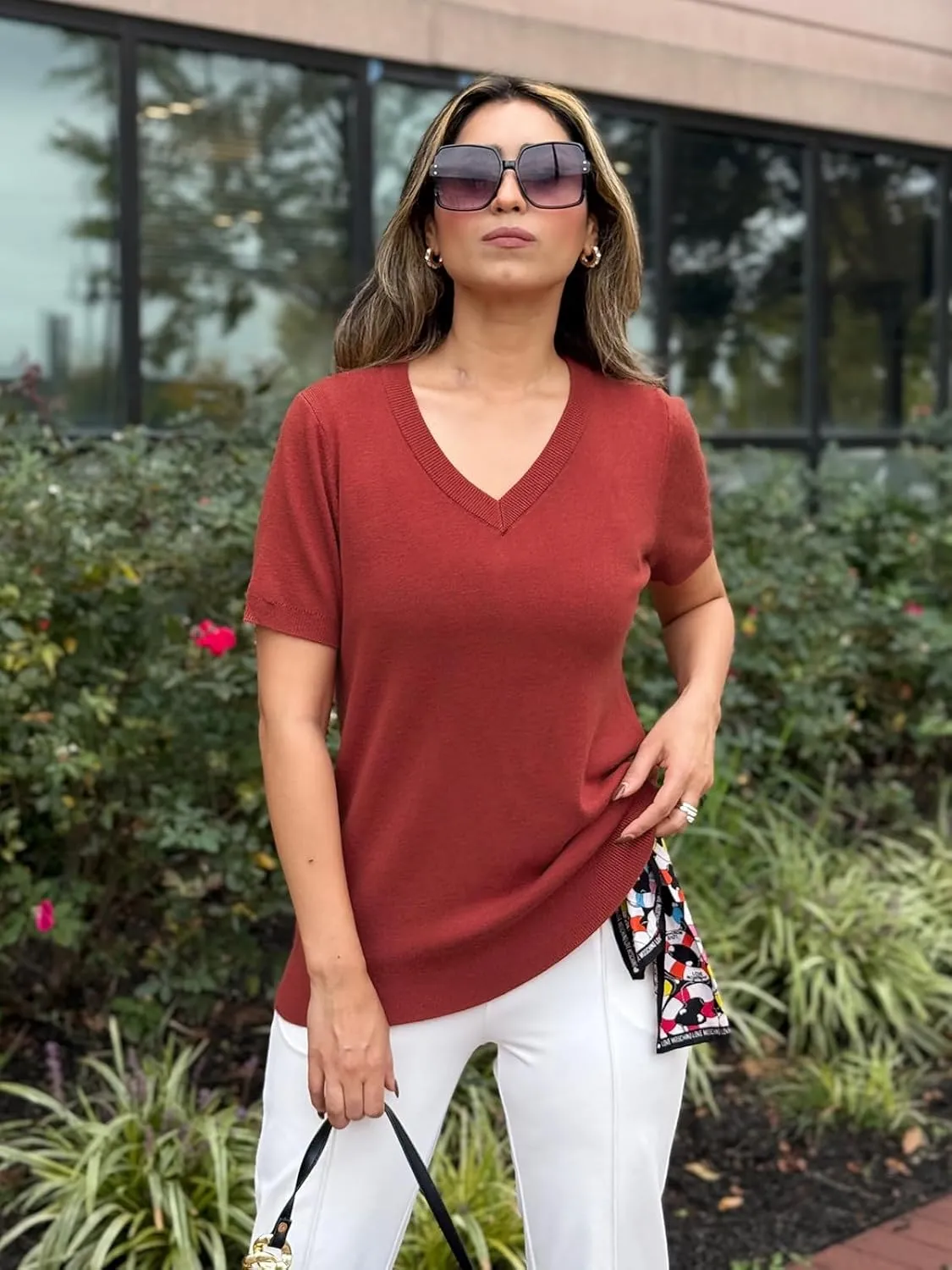 Arach&Cloz 2025 Womens Wool Blend Tops Soft V Neck Short Sleeve Summer Fashion Sweater Pullover Business Casual Outfits