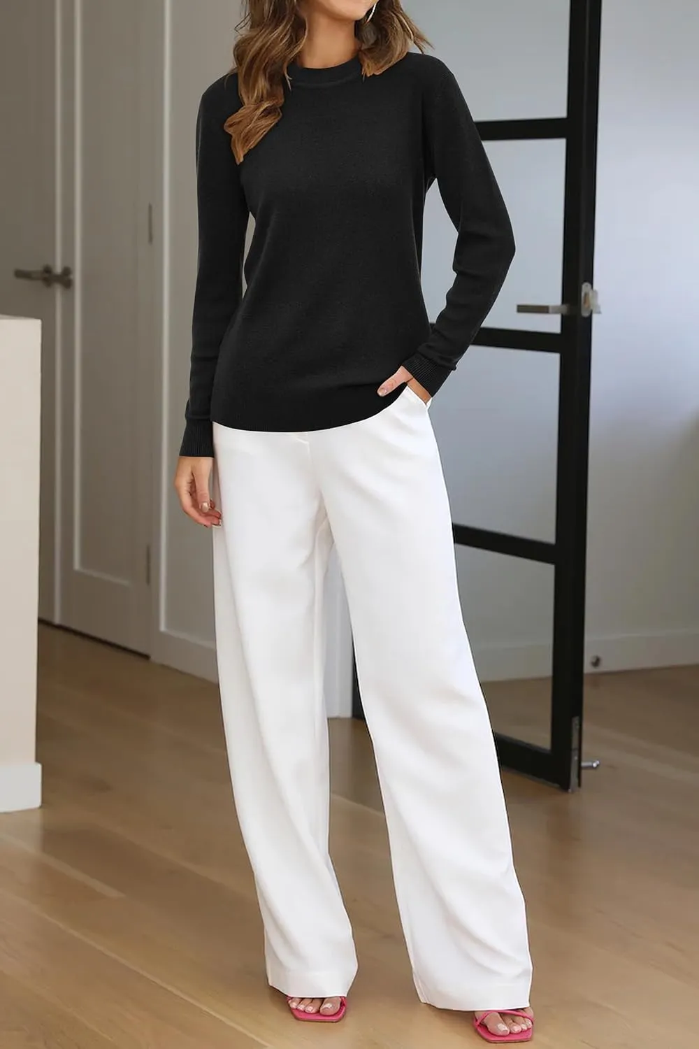 Arach&Cloz Women Spring Fashion Wool Blend Sweater 2025 Long Sleeve Crew Neck Business Casual Pullover Tops Trendy Outfits