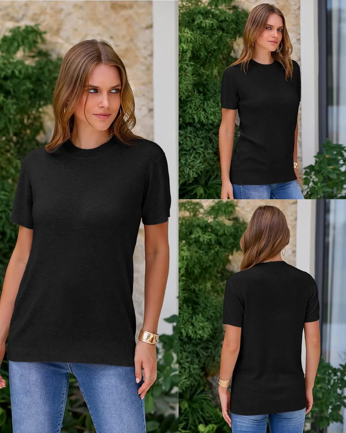 Arach&Cloz Women's Wool Blend Loose Fit Soft Summer Sweater Short Sleeve Crew Neck Casual Pullover Tops Trendy Outfits 2025