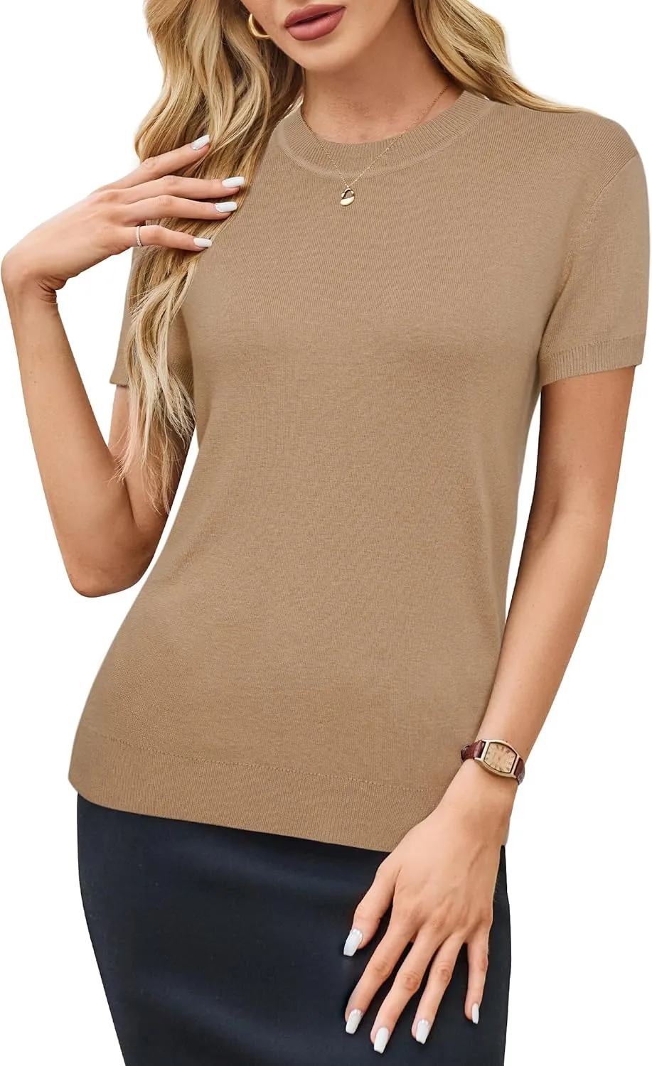 Arach&Cloz Women's Wool Blend Loose Fit Soft Summer Sweater Short Sleeve Crew Neck Casual Pullover Tops Trendy Outfits 2025