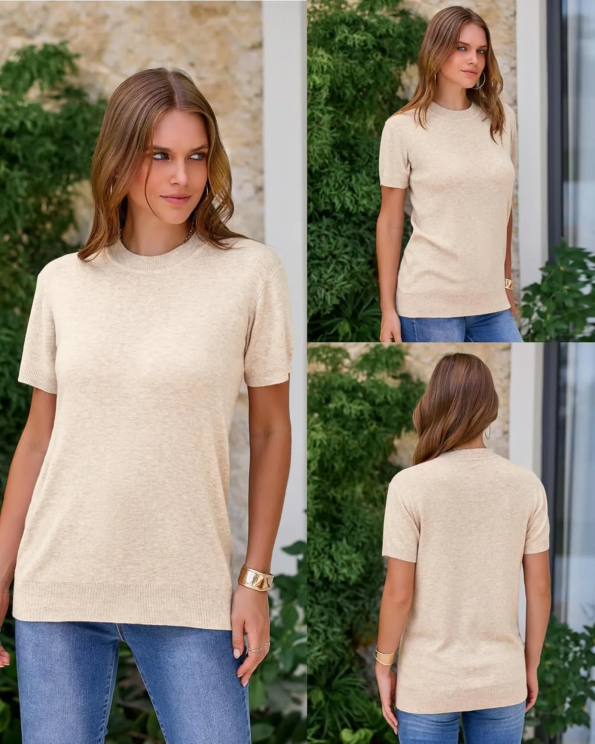 Arach&Cloz Women's Wool Blend Loose Fit Soft Summer Sweater Short Sleeve Crew Neck Casual Pullover Tops Trendy Outfits 2025