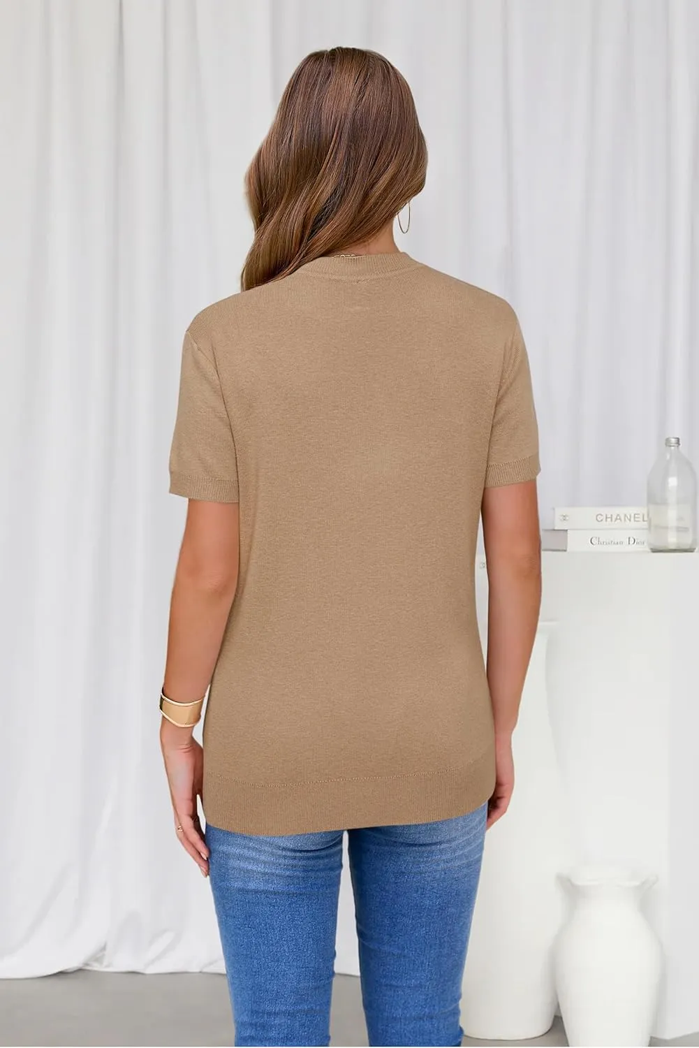 Arach&Cloz Women's Wool Blend Loose Fit Soft Summer Sweater Short Sleeve Crew Neck Casual Pullover Tops Trendy Outfits 2025