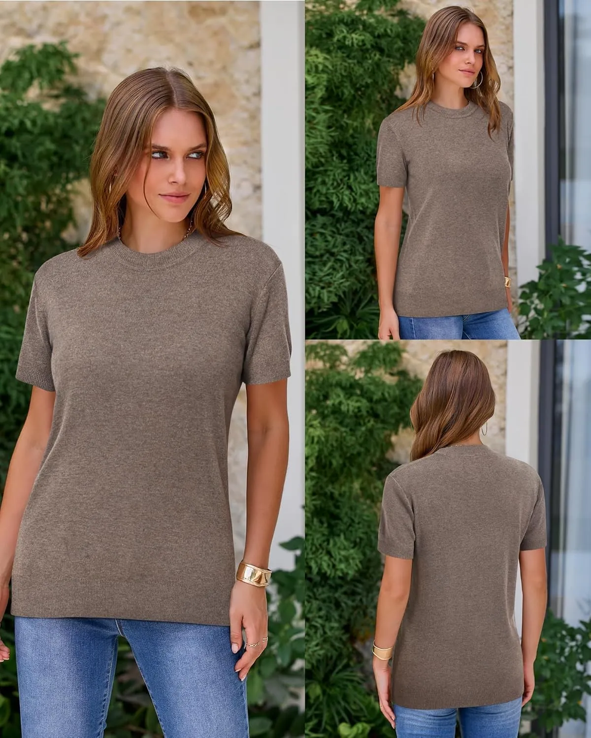 Arach&Cloz Women's Wool Blend Loose Fit Soft Summer Sweater Short Sleeve Crew Neck Casual Pullover Tops Trendy Outfits 2025