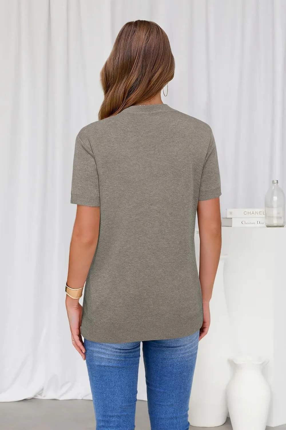 Arach&Cloz Women's Wool Blend Loose Fit Soft Summer Sweater Short Sleeve Crew Neck Casual Pullover Tops Trendy Outfits 2025