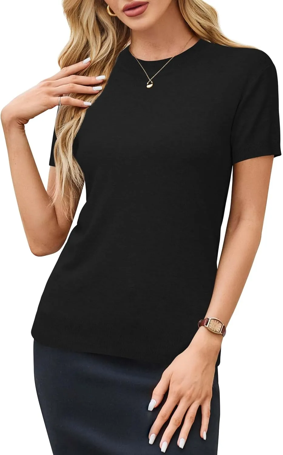 Arach&Cloz Women's Wool Blend Loose Fit Soft Summer Sweater Short Sleeve Crew Neck Casual Pullover Tops Trendy Outfits 2025
