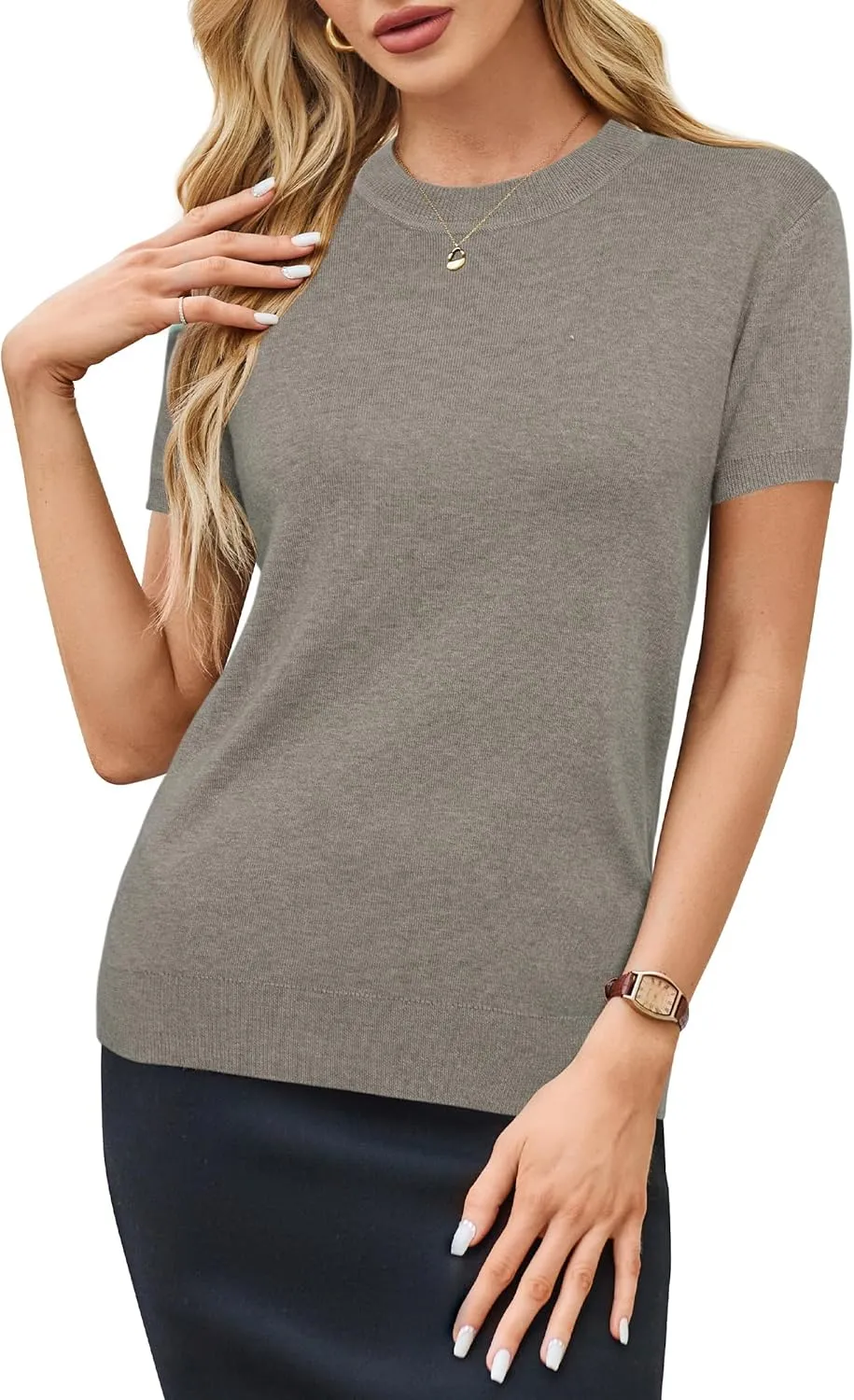 Arach&Cloz Women's Wool Blend Loose Fit Soft Summer Sweater Short Sleeve Crew Neck Casual Pullover Tops Trendy Outfits 2025