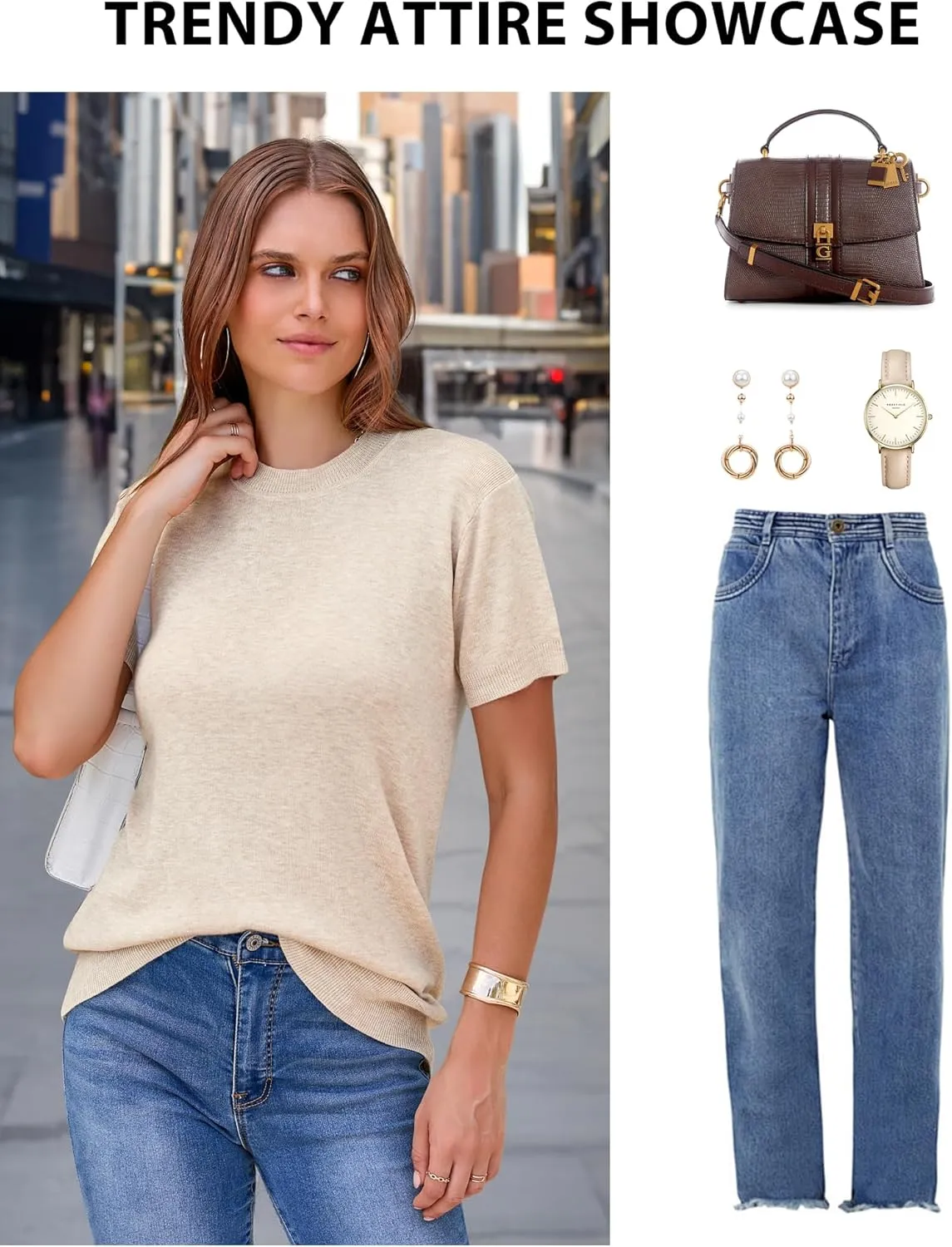 Arach&Cloz Women's Wool Blend Loose Fit Soft Summer Sweater Short Sleeve Crew Neck Casual Pullover Tops Trendy Outfits 2025