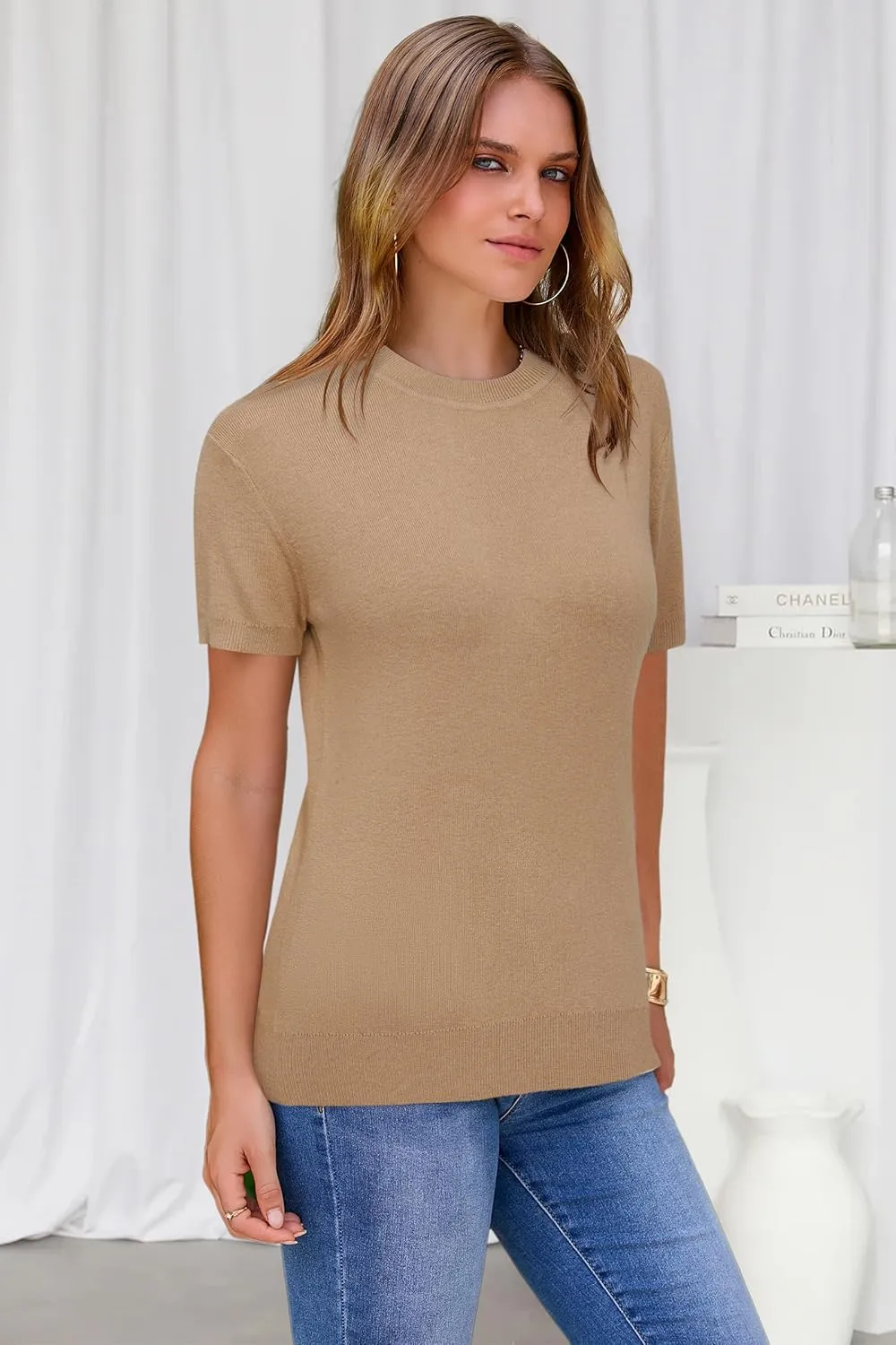 Arach&Cloz Women's Wool Blend Loose Fit Soft Summer Sweater Short Sleeve Crew Neck Casual Pullover Tops Trendy Outfits 2025