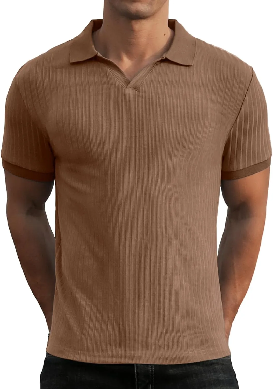 Askdeer Men's Muscle Polo Shirts V Neck Slim Fit Ribbed T Shirts Short/Long Sleeve Golf Collar Shirt Knit Casual Tee
