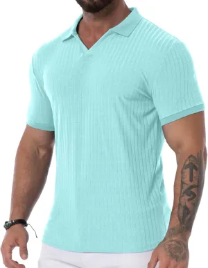 Askdeer Men's Muscle Polo Shirts V Neck Slim Fit Ribbed T Shirts Short/Long Sleeve Golf Collar Shirt Knit Casual Tee