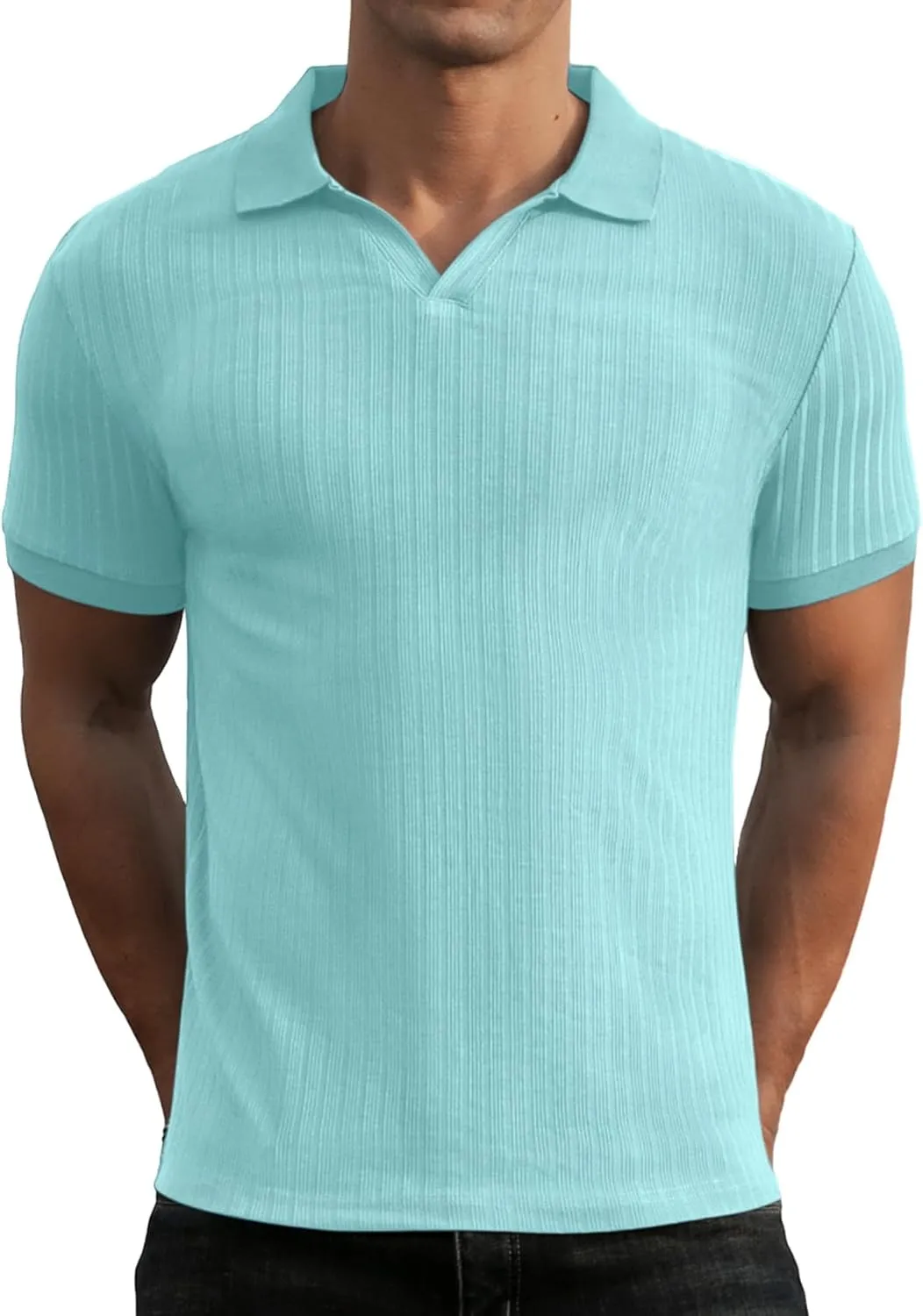 Askdeer Men's Muscle Polo Shirts V Neck Slim Fit Ribbed T Shirts Short/Long Sleeve Golf Collar Shirt Knit Casual Tee
