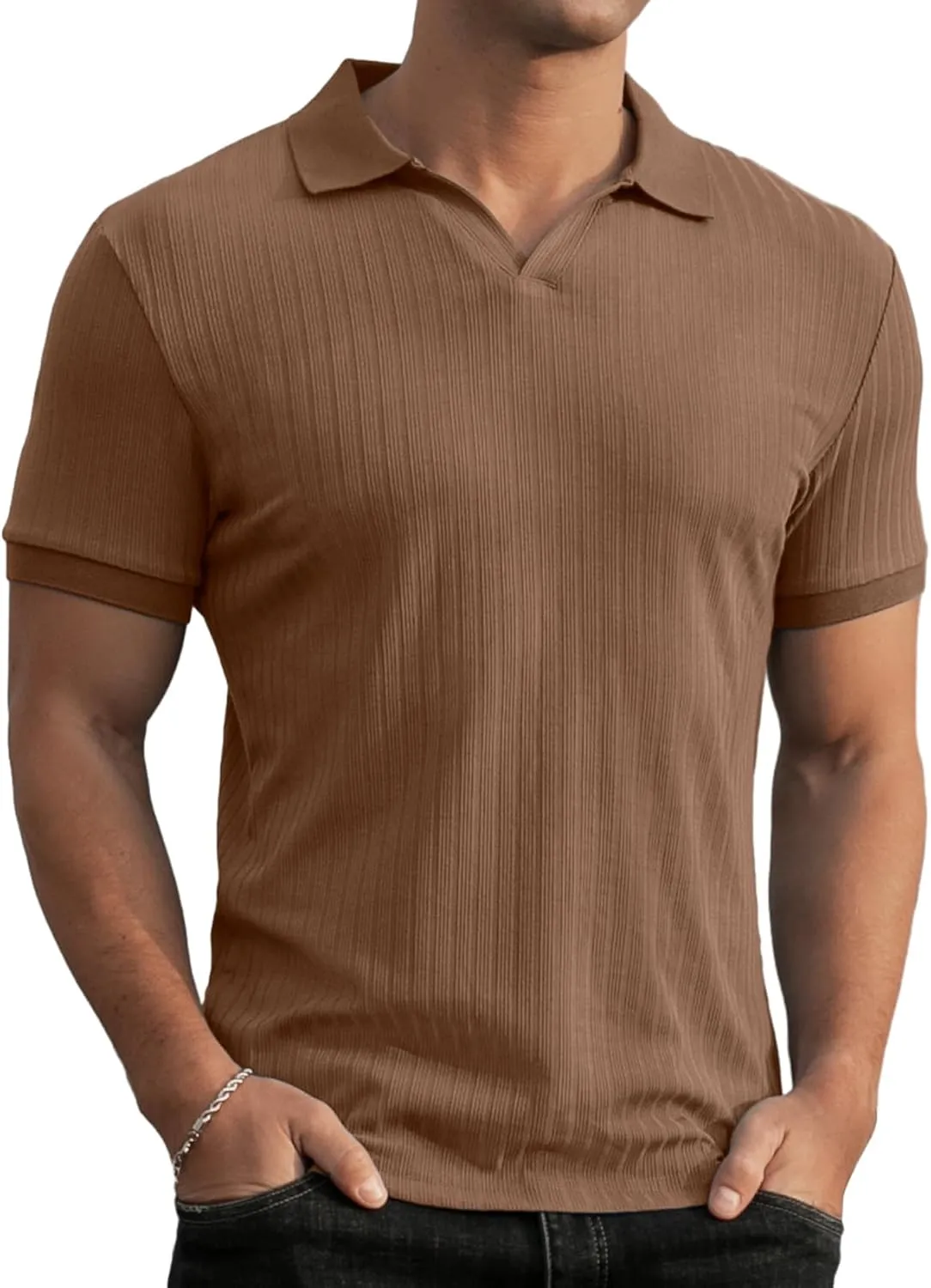 Askdeer Men's Muscle Polo Shirts V Neck Slim Fit Ribbed T Shirts Short/Long Sleeve Golf Collar Shirt Knit Casual Tee