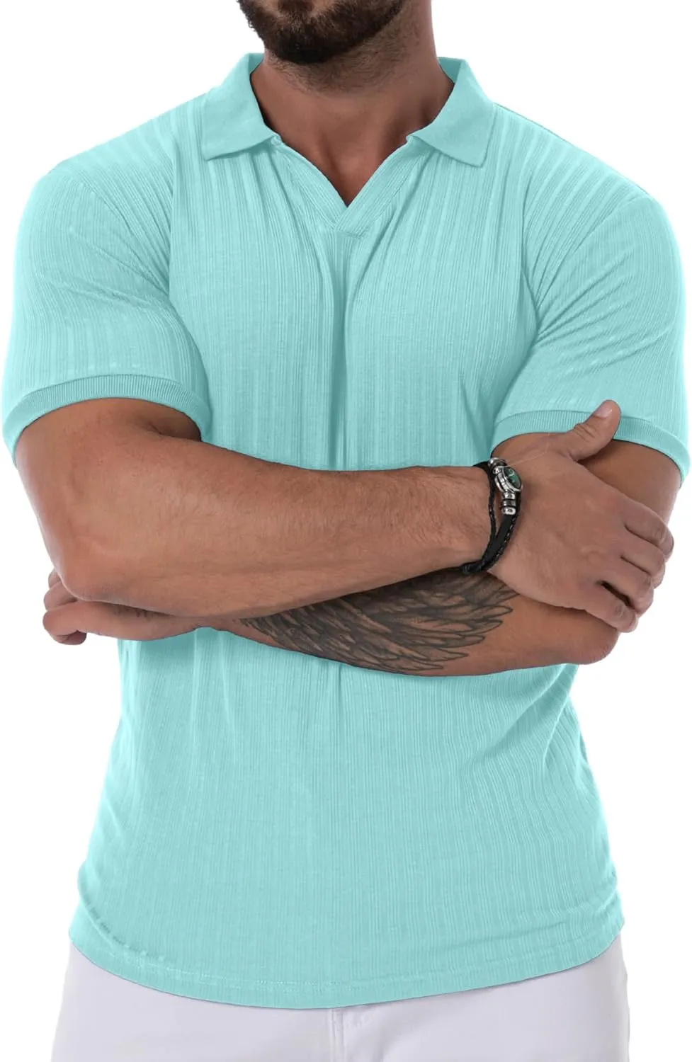 Askdeer Men's Muscle Polo Shirts V Neck Slim Fit Ribbed T Shirts Short/Long Sleeve Golf Collar Shirt Knit Casual Tee