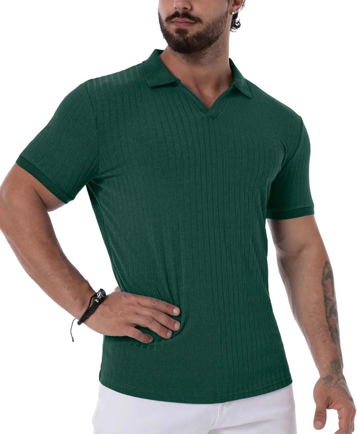 Askdeer Men's Muscle Polo Shirts V Neck Slim Fit Ribbed T Shirts Short/Long Sleeve Golf Collar Shirt Knit Casual Tee