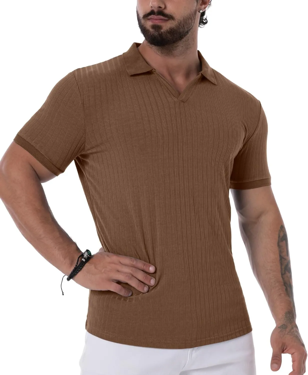 Askdeer Men's Muscle Polo Shirts V Neck Slim Fit Ribbed T Shirts Short/Long Sleeve Golf Collar Shirt Knit Casual Tee