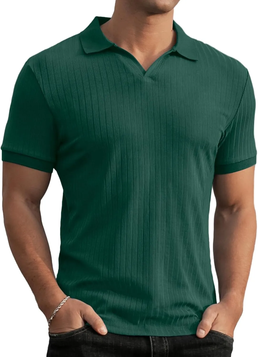 Askdeer Men's Muscle Polo Shirts V Neck Slim Fit Ribbed T Shirts Short/Long Sleeve Golf Collar Shirt Knit Casual Tee