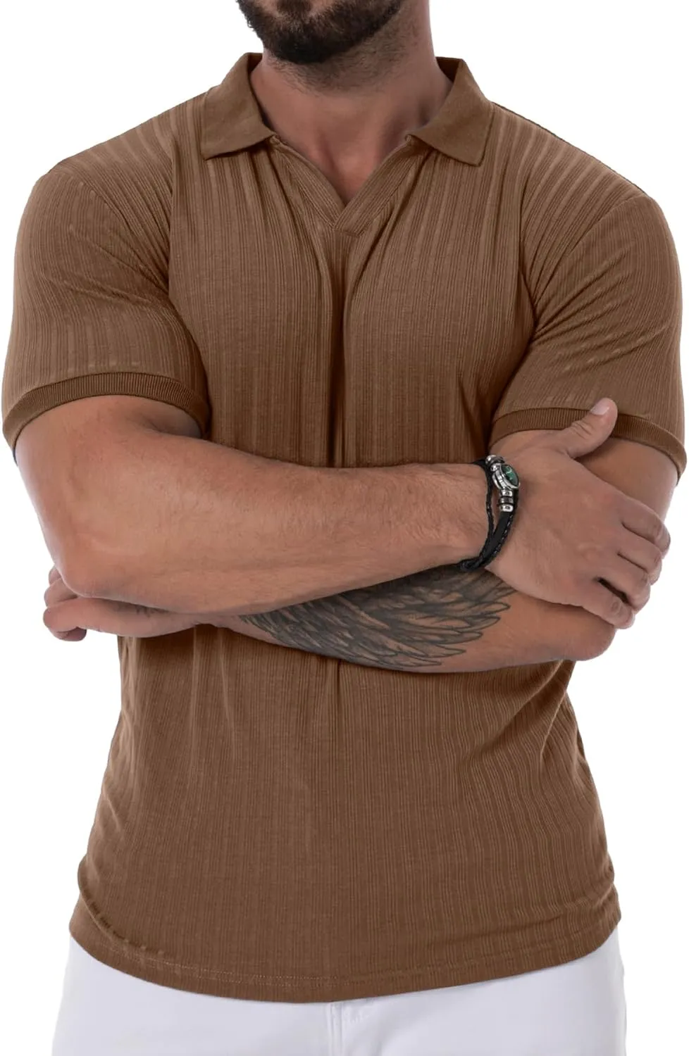 Askdeer Men's Muscle Polo Shirts V Neck Slim Fit Ribbed T Shirts Short/Long Sleeve Golf Collar Shirt Knit Casual Tee