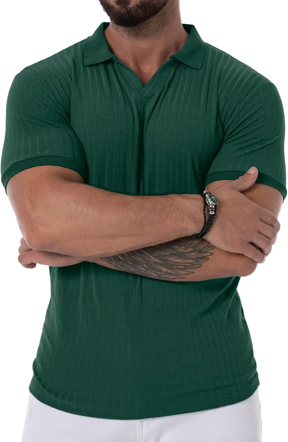 Askdeer Men's Muscle Polo Shirts V Neck Slim Fit Ribbed T Shirts Short/Long Sleeve Golf Collar Shirt Knit Casual Tee