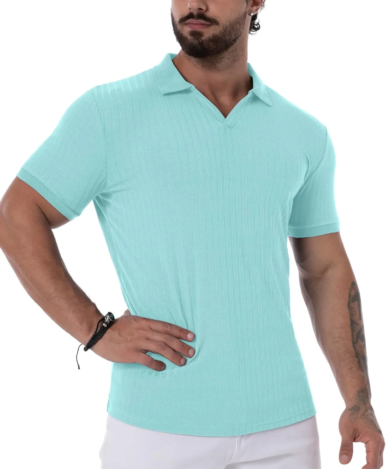 Askdeer Men's Muscle Polo Shirts V Neck Slim Fit Ribbed T Shirts Short/Long Sleeve Golf Collar Shirt Knit Casual Tee