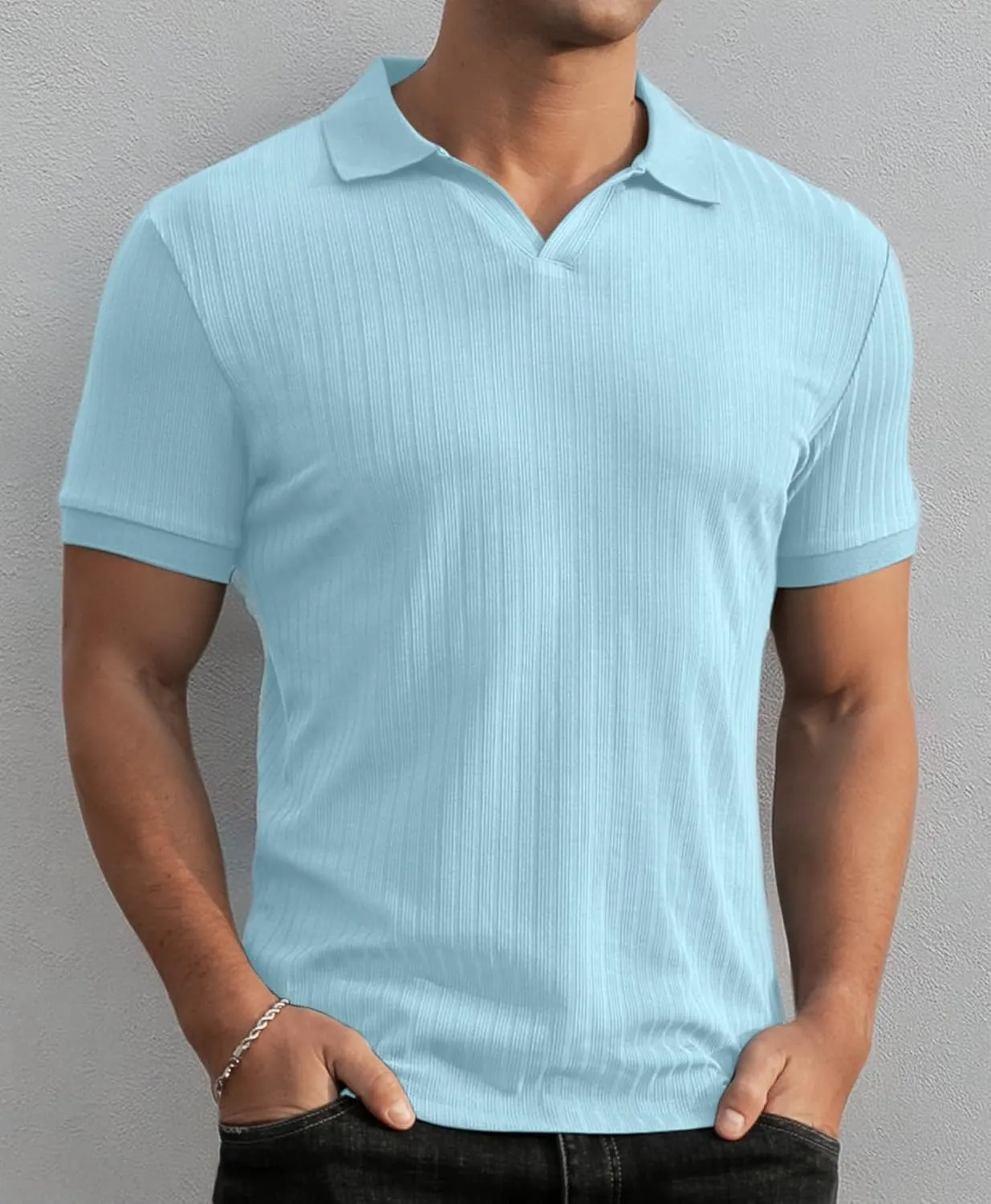 Askdeer Men's Muscle Polo Shirts V Neck Slim Fit Ribbed T Shirts Short/Long Sleeve Golf Collar Shirt Knit Casual Tee