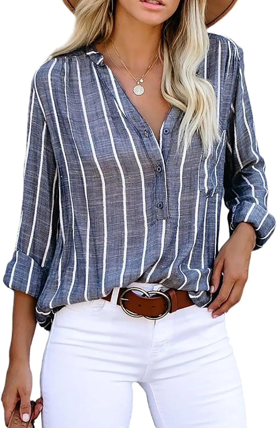 Astylish Women V Neck Striped Roll up Sleeve Button Down Blouse Tops