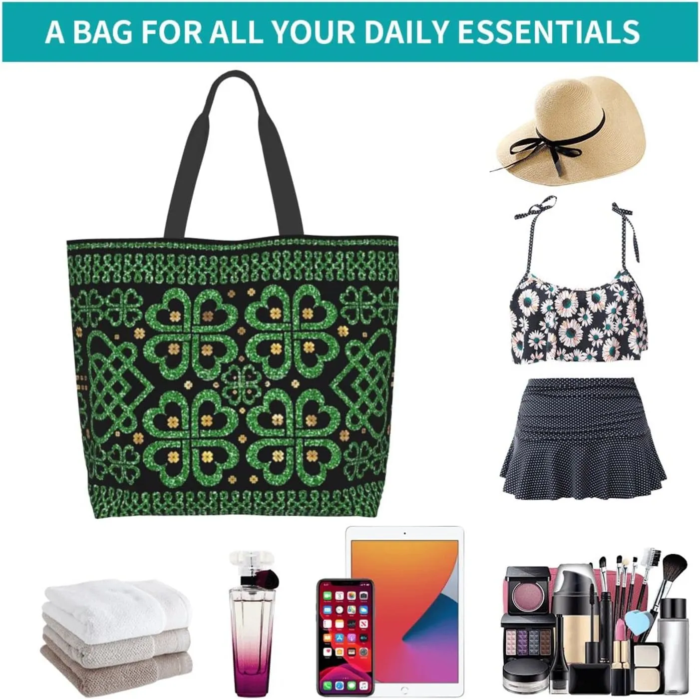 ASYG St Patrick Tote Shoulder Bag Green Clover Grocery Bags Storage Handle Shopping Bag Portable Bag