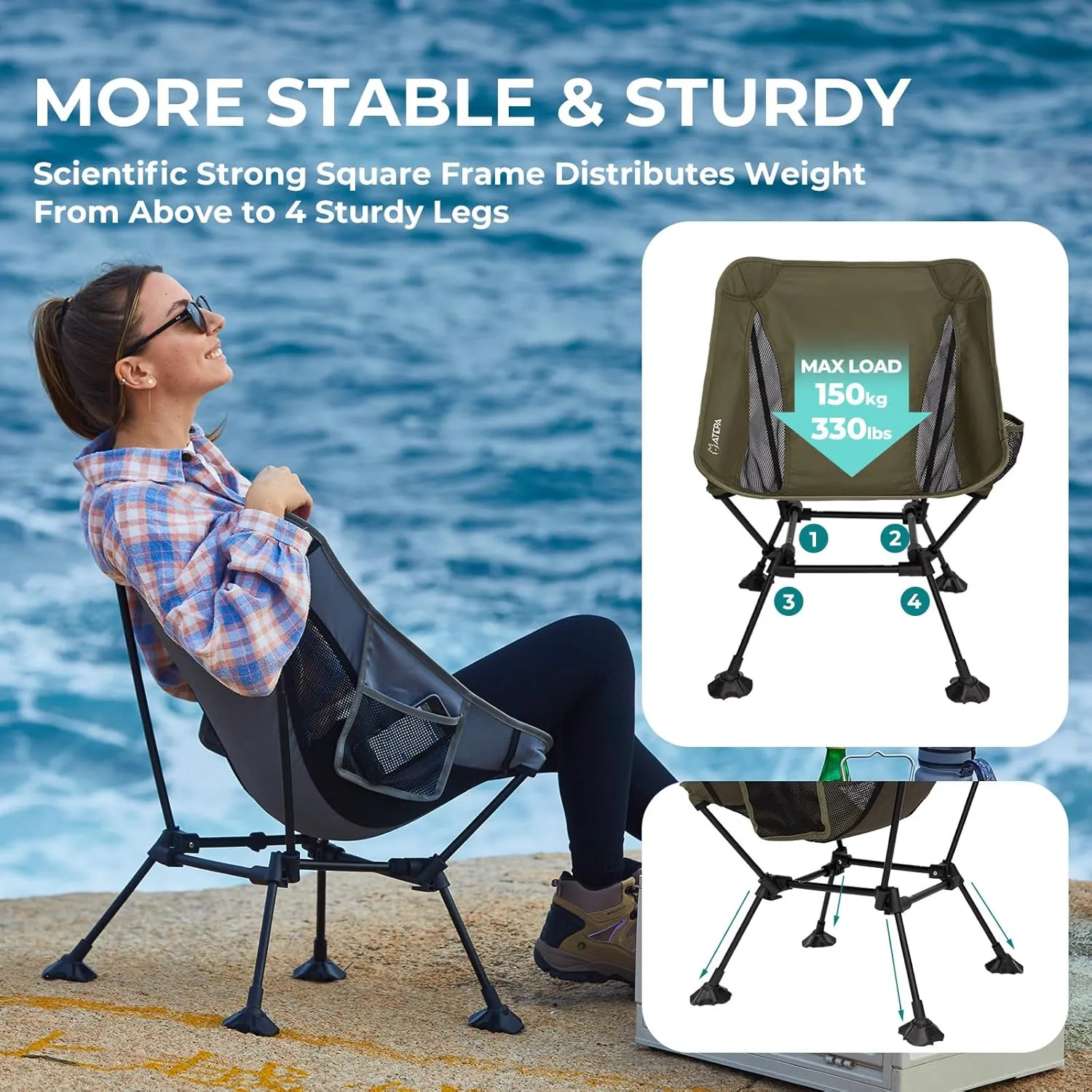 ATEPA Backpacking Chair, Ultralight Folding Portable Small Camping Chairs for Adults Compact Foldable Beach Seat with Anti-Sinking Feet & Aluminum Frame for Outdoor Hiking Travel Fishing