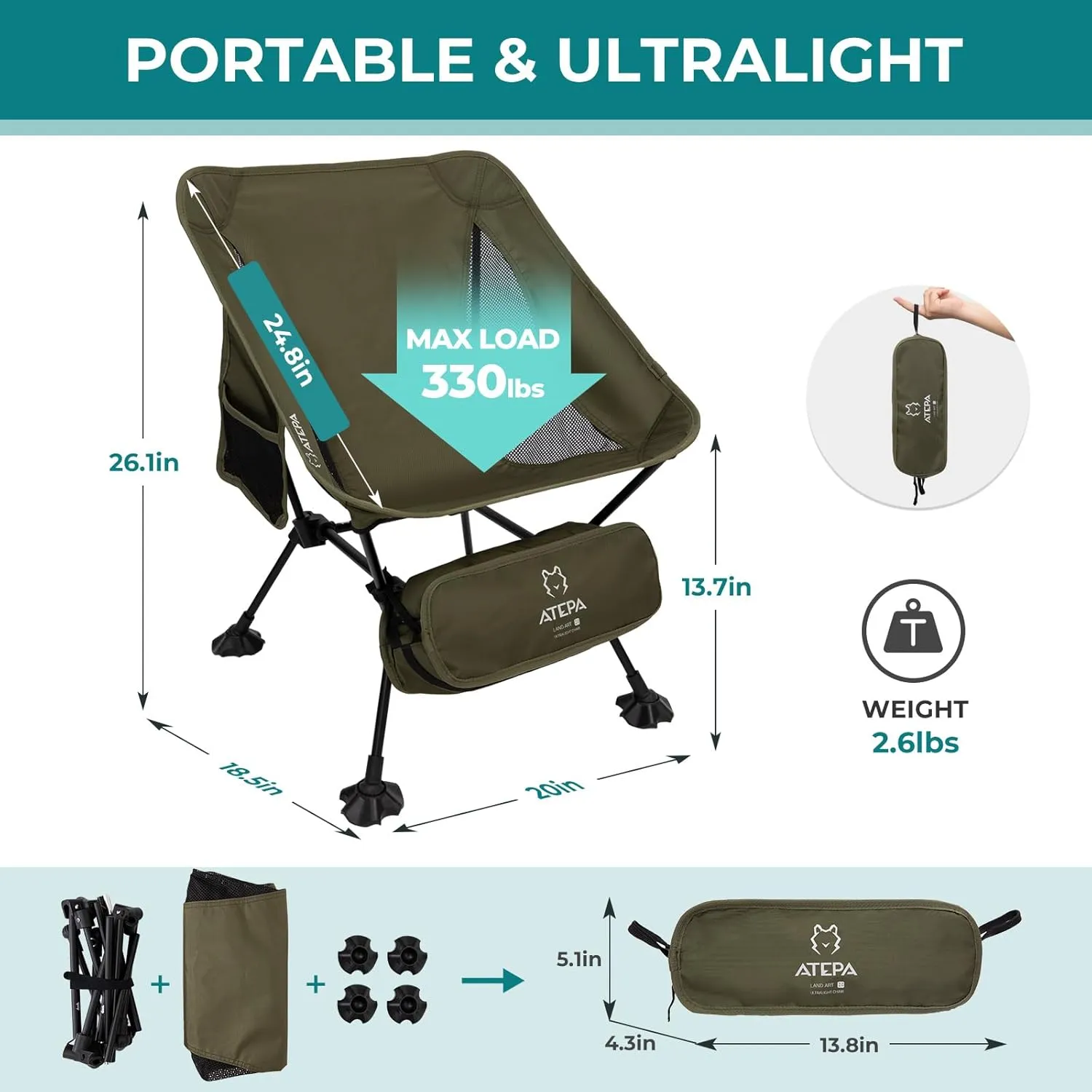 ATEPA Backpacking Chair, Ultralight Folding Portable Small Camping Chairs for Adults Compact Foldable Beach Seat with Anti-Sinking Feet & Aluminum Frame for Outdoor Hiking Travel Fishing