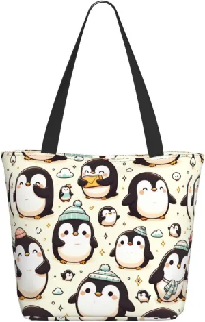 Augenstern Women Shoulder Bag Kawaii-Emperor-Penguin Foldable Tote Bag With Zipper Closure Casual Shopping Purse Daily Bag