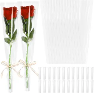 AUGSUN 120 PCS Flower Bags for Bouquets Single Rose Sleeve Transparent Plastic Flower Wrap with 120 PCS Floral Water Tubes for Valentine's Day Mother's Day Graduation Wedding Birthday Flower Wrap