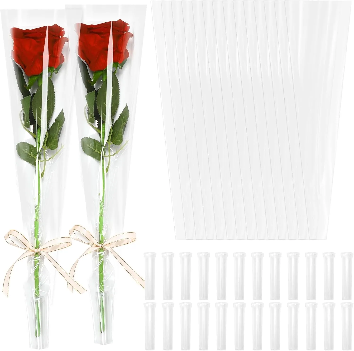 AUGSUN 120 PCS Flower Bags for Bouquets Single Rose Sleeve Transparent Plastic Flower Wrap with 120 PCS Floral Water Tubes for Valentine's Day Mother's Day Graduation Wedding Birthday Flower Wrap