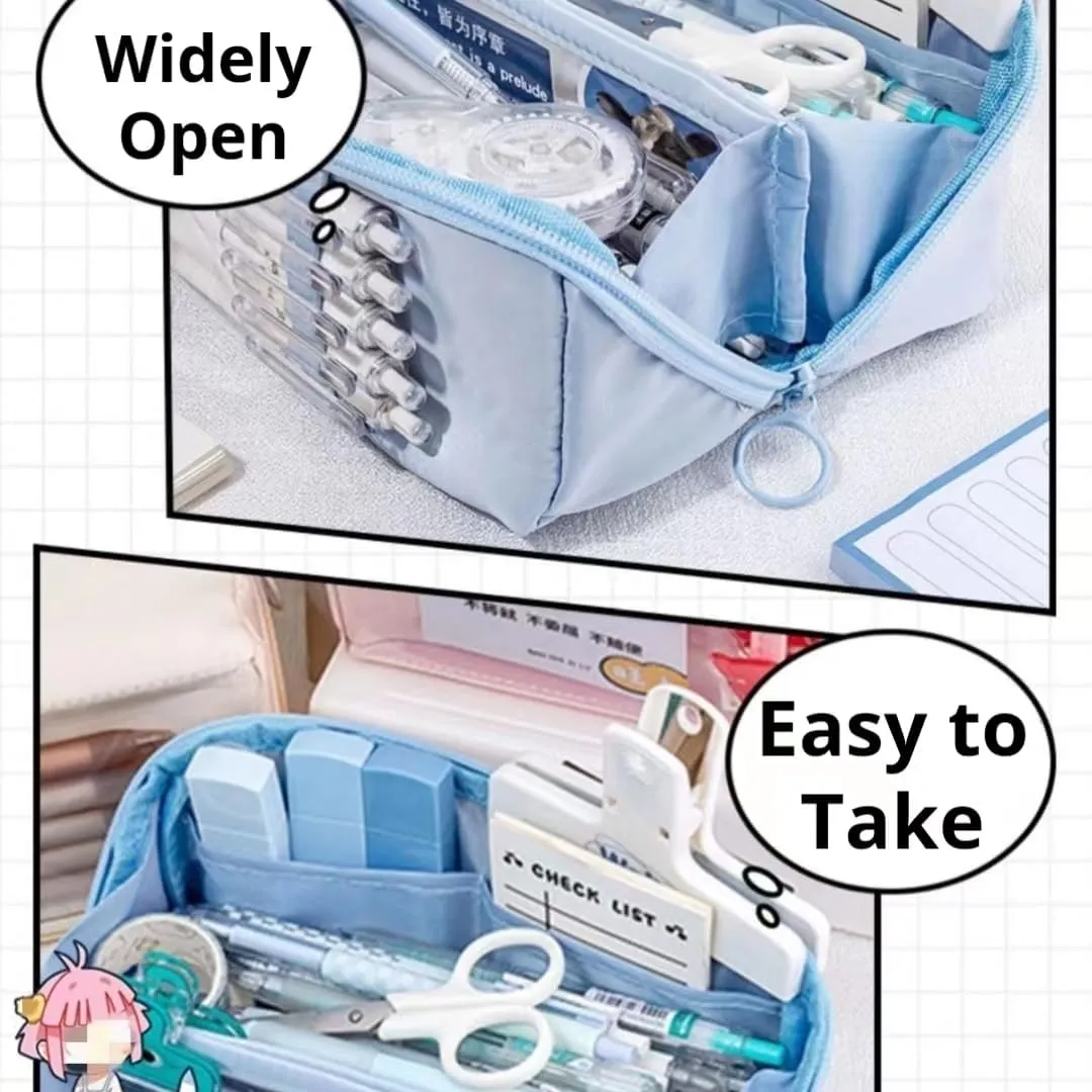 AuraGlor Big Capacity Pencil Case 8 Compartments Large Pencil Pouch Pen Bag Pencil Box Holder Organizer Simple Storage Aesthetic Stationery Cosmetic for Adults Men Women Office Essentials (Blue)