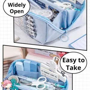 AuraGlor Big Capacity Pencil Case 8 Compartments Large Pencil Pouch Pen Bag Pencil Box Holder Organizer Simple Storage Aesthetic Stationery Cosmetic for Adults Men Women Office Essentials (Blue)