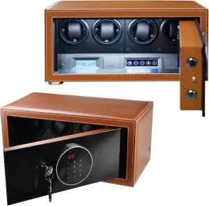 Automatic Watch Winder for 4 Watches PU Leather 5 TPD Modes Self-Winding Mechanical Watch Box with LCD Display Blue LED Light Quiet Motor Password & Key Unlock