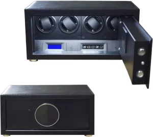 Automatic Watch Winder for 4 Watches PU Leather 5 TPD Modes Self-Winding Mechanical Watch Box with LCD Display Blue LED Light Quiet Motor Password & Key Unlock