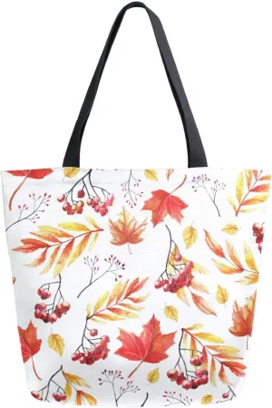 Autumn Red Rowan Berries Canvas Tote Bag Yellow Birch Leaves Twigs Women Shoulder Bag Reusable Grocery Bags Large Handbag Travel Shopping Bag for School Nursing Gift Outdoors