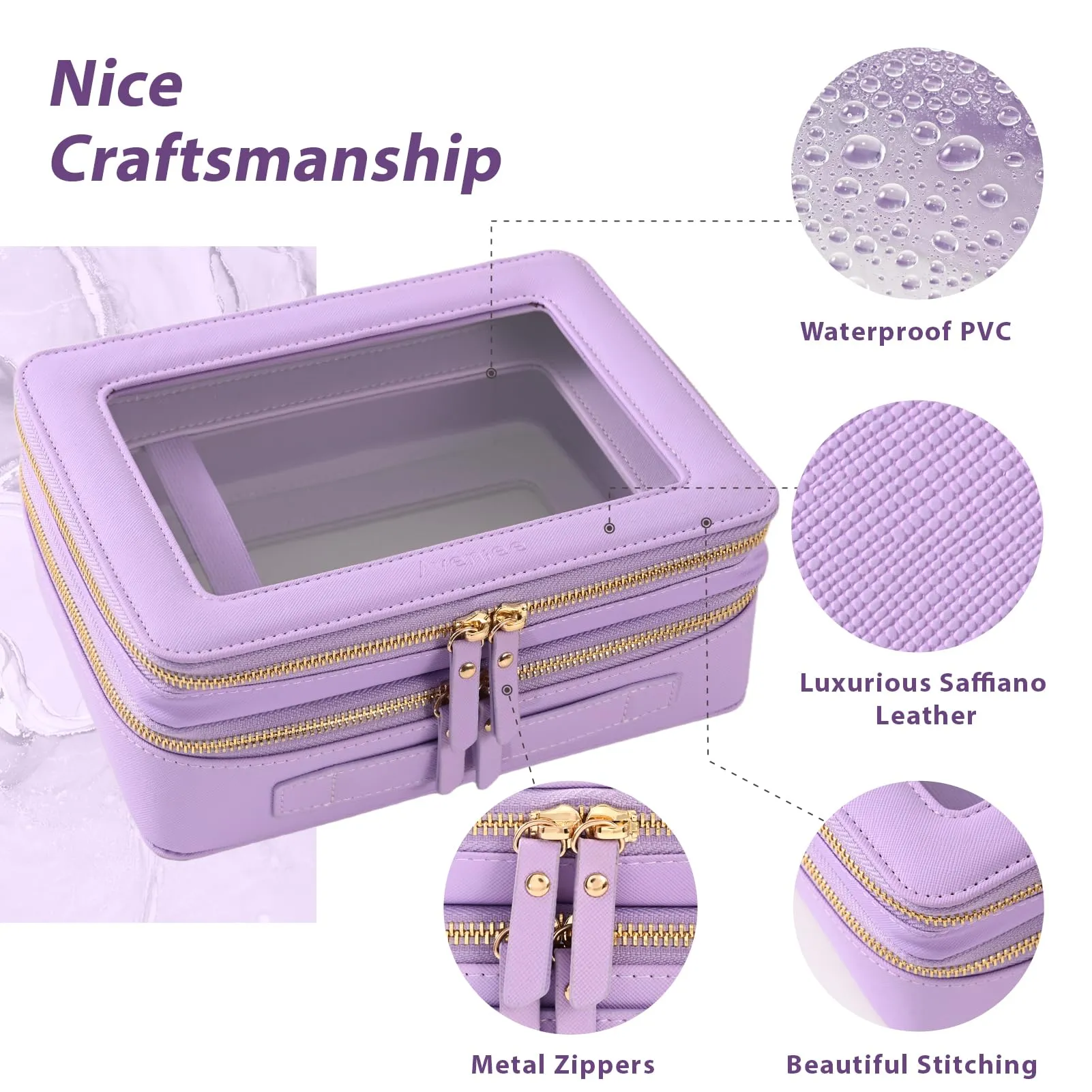 Aveniee Clear Makeup Bags, Double Layer Cosmetic Bags with a Separate Brush Compartment, Large Travel Toiletry Bag Train Case for Women, Travel Accessories Organizer(2 Layers Large, Lilac)