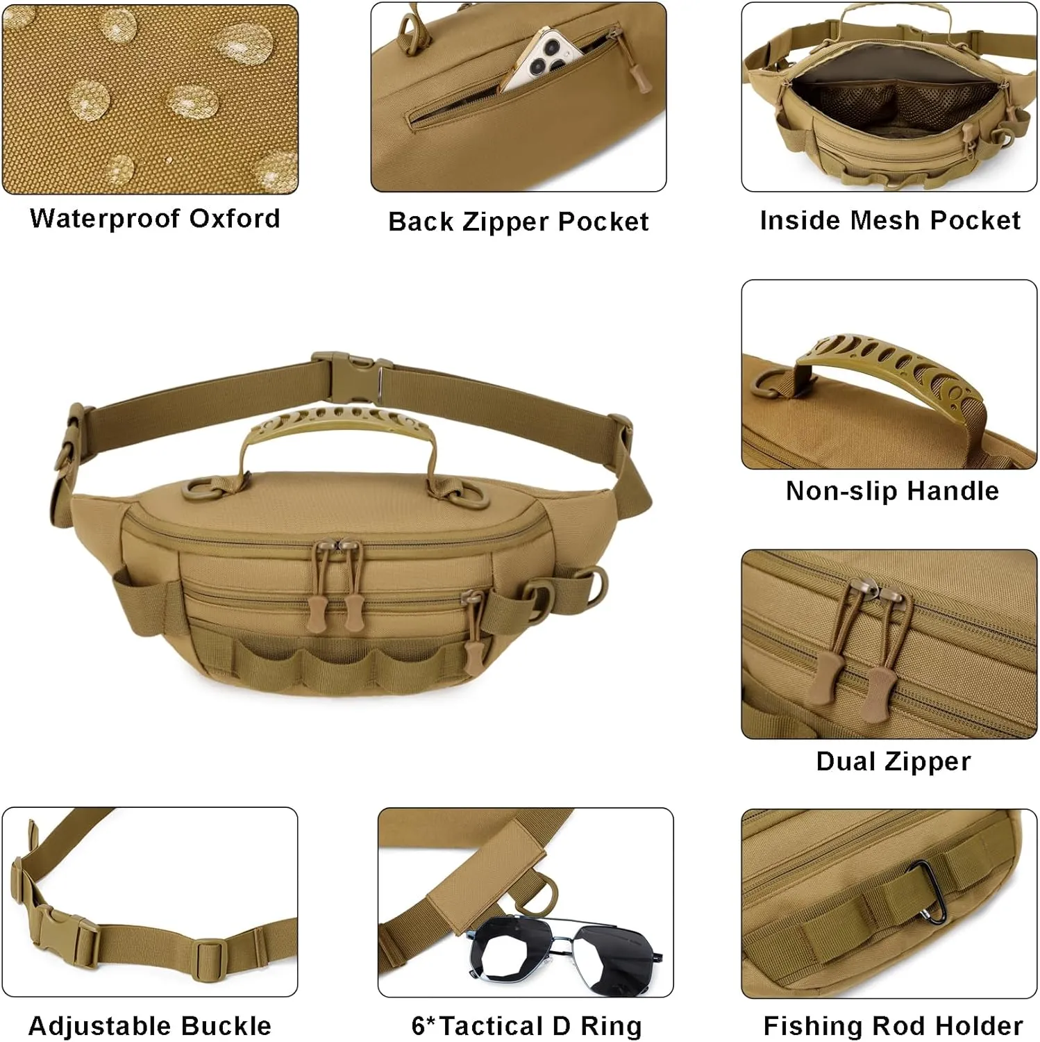 Aventik Fishing Fanny Pack - Portable Waist Bag, Multi-Functional, Lightweight, Waterproof (Green Camo)