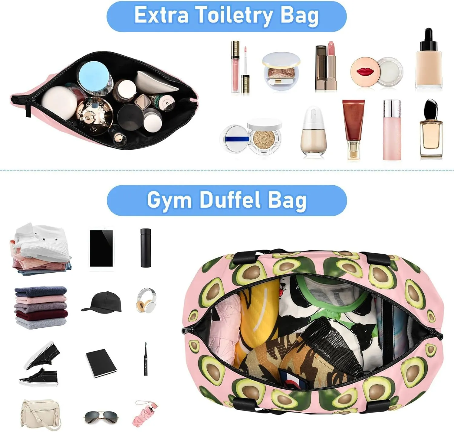 Avocado Fruits on Pink Gym Duffel Bag, Polyester Travel Weekender Luggage Handbag with Waterproof Pocket for Wet Items, Unisex Foldable Tote for Sports