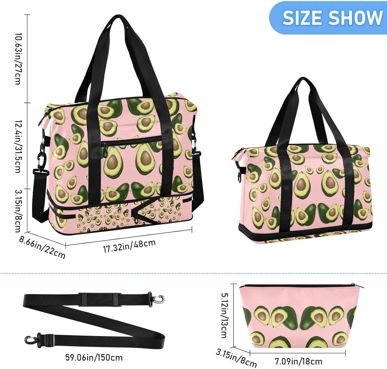 Avocado Fruits on Pink Gym Duffel Bag, Polyester Travel Weekender Luggage Handbag with Waterproof Pocket for Wet Items, Unisex Foldable Tote for Sports