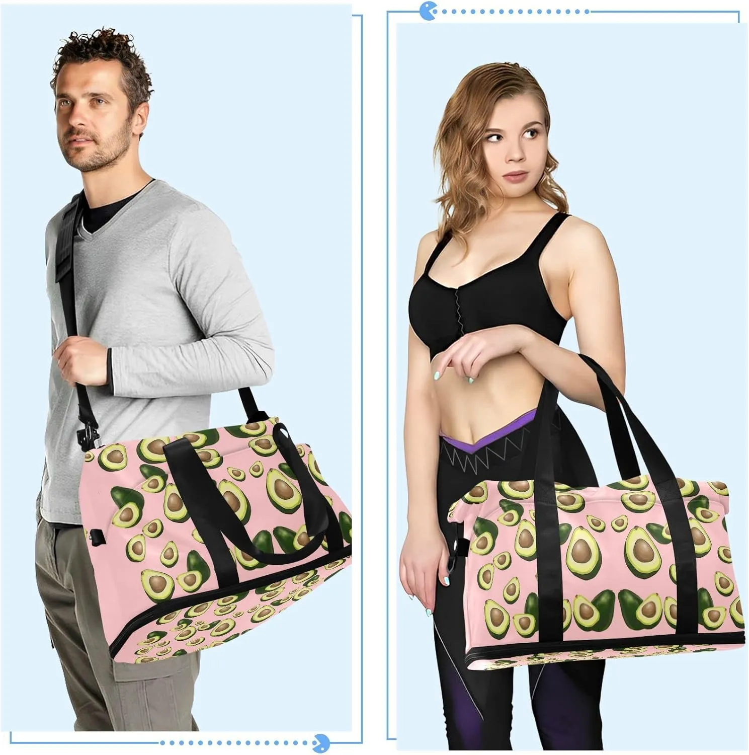 Avocado Fruits on Pink Gym Duffel Bag, Polyester Travel Weekender Luggage Handbag with Waterproof Pocket for Wet Items, Unisex Foldable Tote for Sports