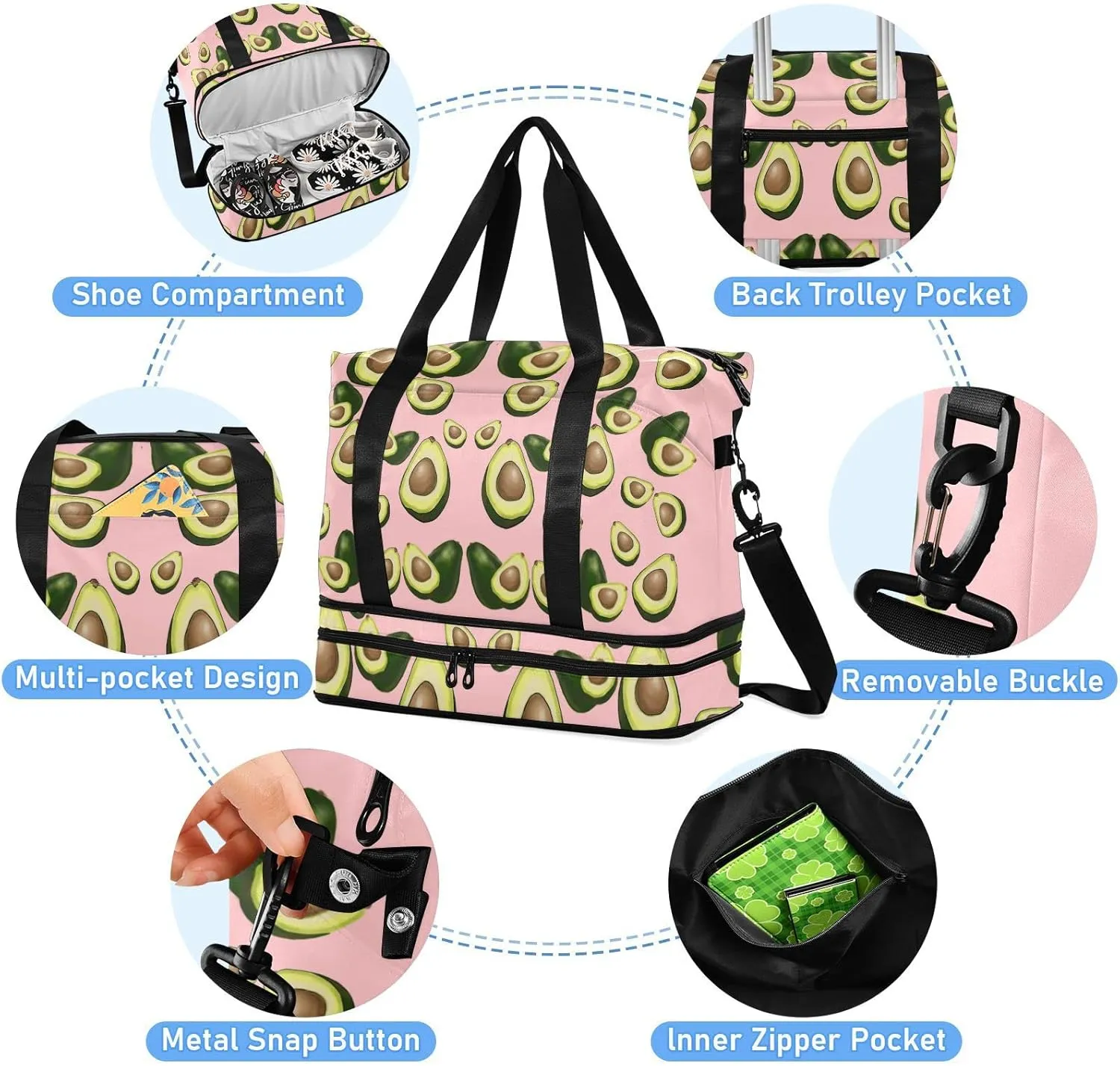 Avocado Fruits on Pink Gym Duffel Bag, Polyester Travel Weekender Luggage Handbag with Waterproof Pocket for Wet Items, Unisex Foldable Tote for Sports