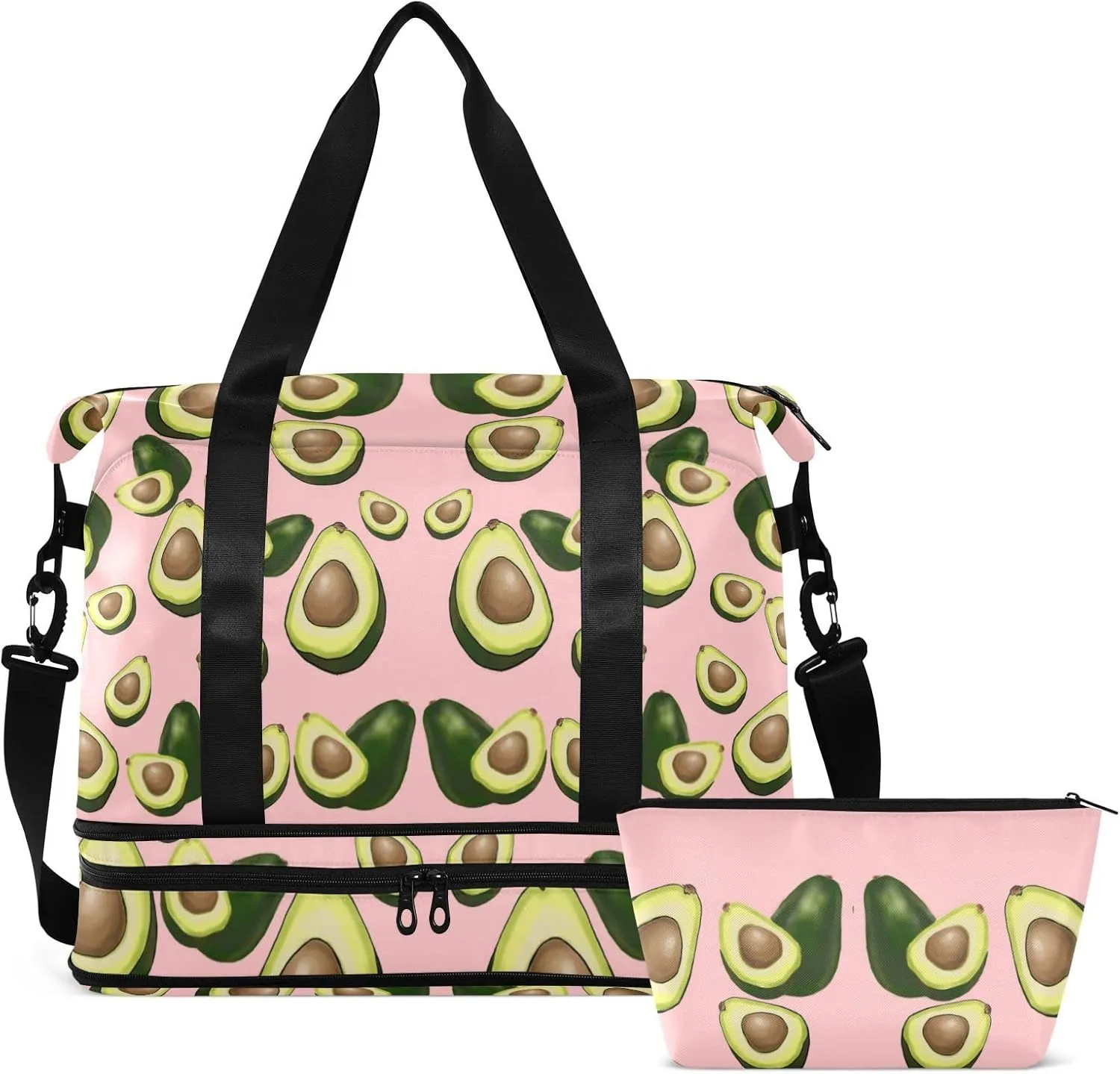 Avocado Fruits on Pink Gym Duffel Bag, Polyester Travel Weekender Luggage Handbag with Waterproof Pocket for Wet Items, Unisex Foldable Tote for Sports