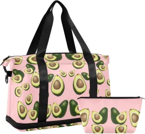 Avocado Fruits on Pink Gym Duffel Bag, Polyester Travel Weekender Luggage Handbag with Waterproof Pocket for Wet Items, Unisex Foldable Tote for Sports