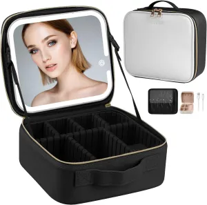 AZ GOGO Makeup Bag with LED Mirror, Travel Makeup Case with Light up Mirror 3 Color Brightness, Waterproof Portable Lighted Cosmetic Organizer(Black & White)